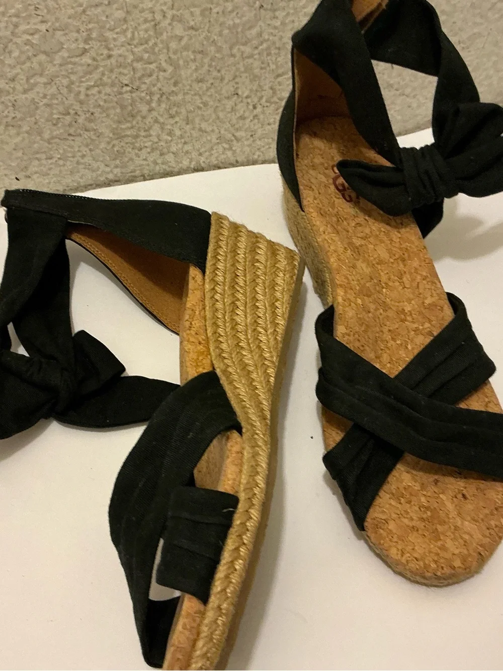Ugg Traci Espadrille Wedge Sandals Women 7.5 Black Open Toe Ankle Bow Casual Zip